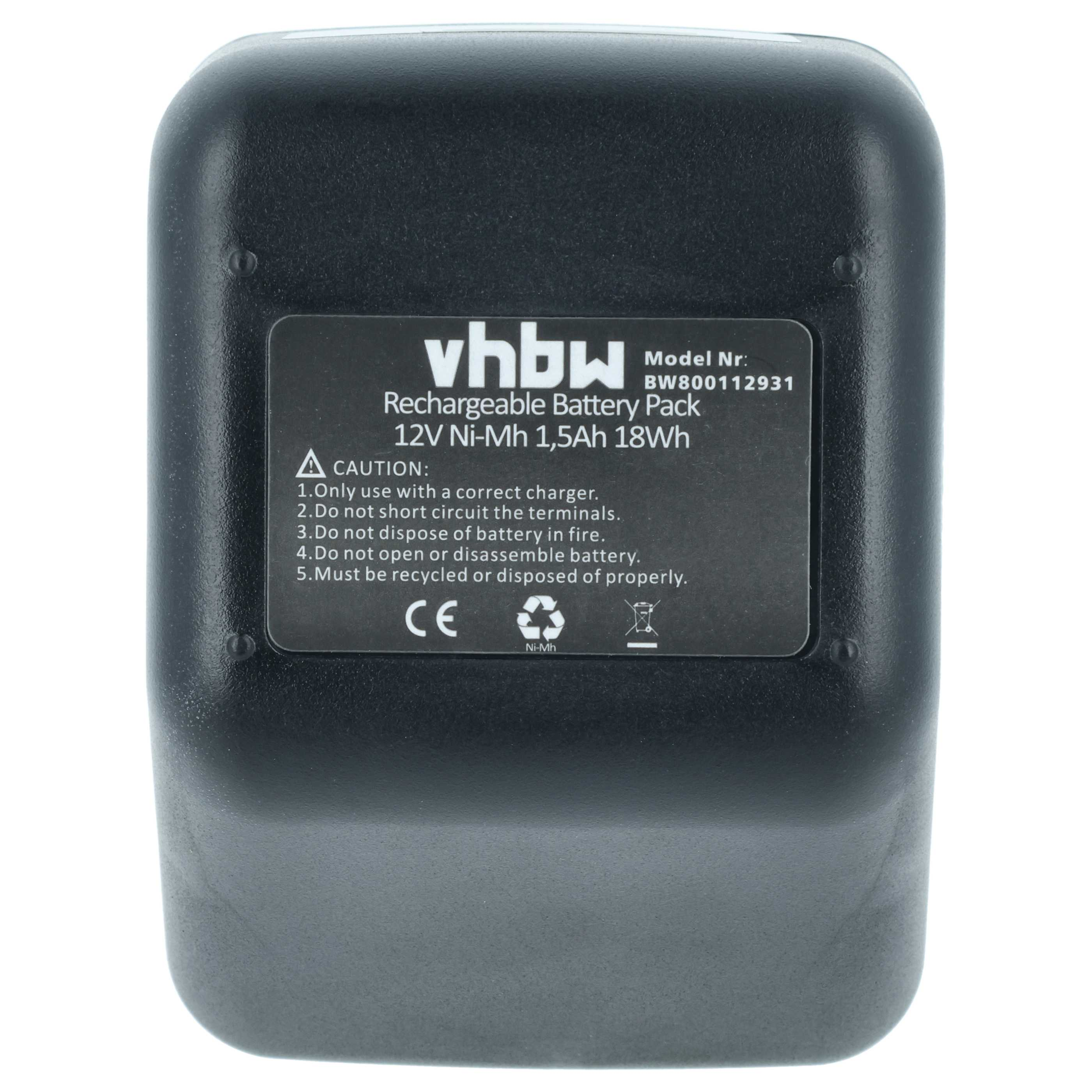 Schwarzer Akku mit Beschriftung: 12V Ni-Mh 1,5Ah 18Wh.