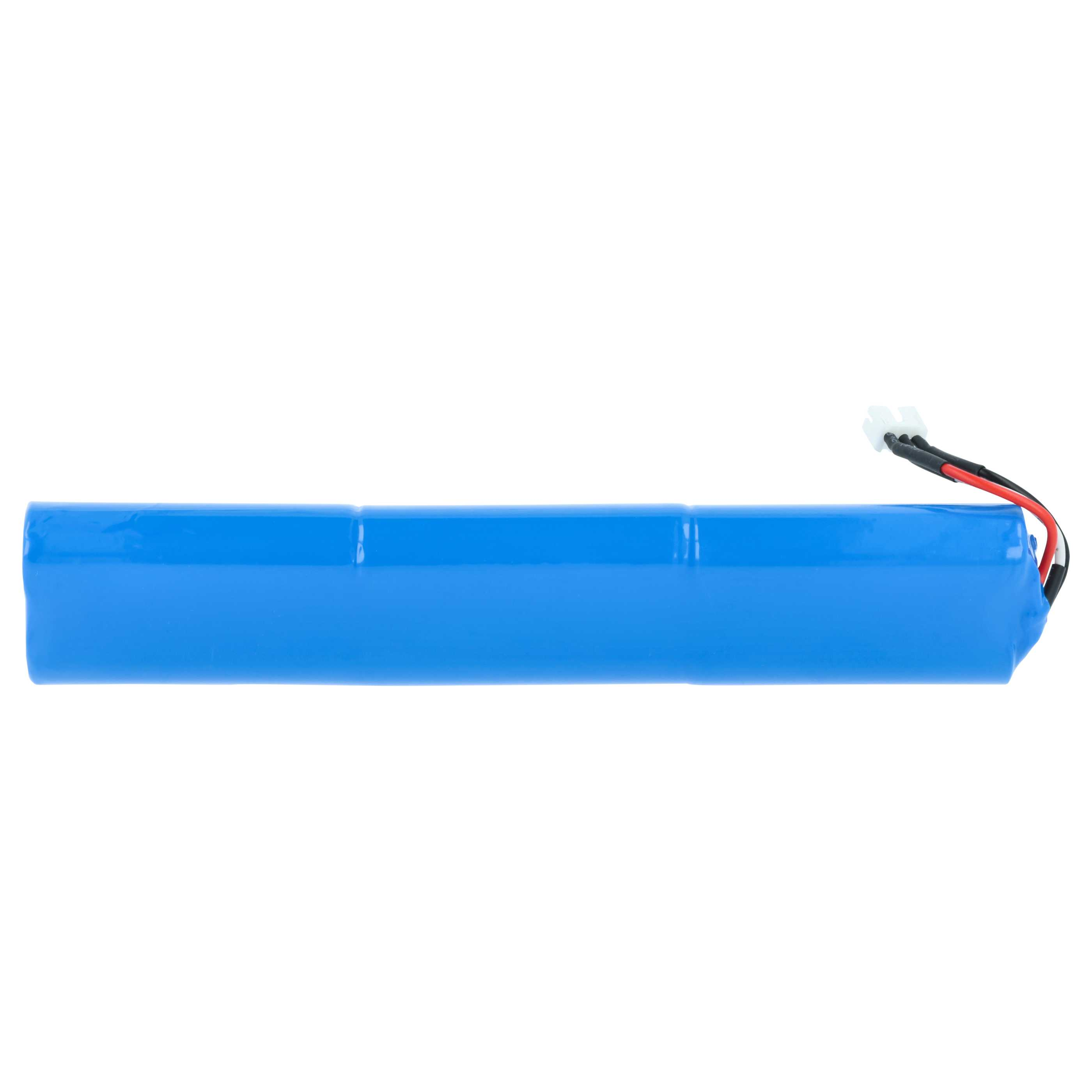 Ein blaues Akkupack mit schwarzen und roten Kabeln und einem weißen Stecker.