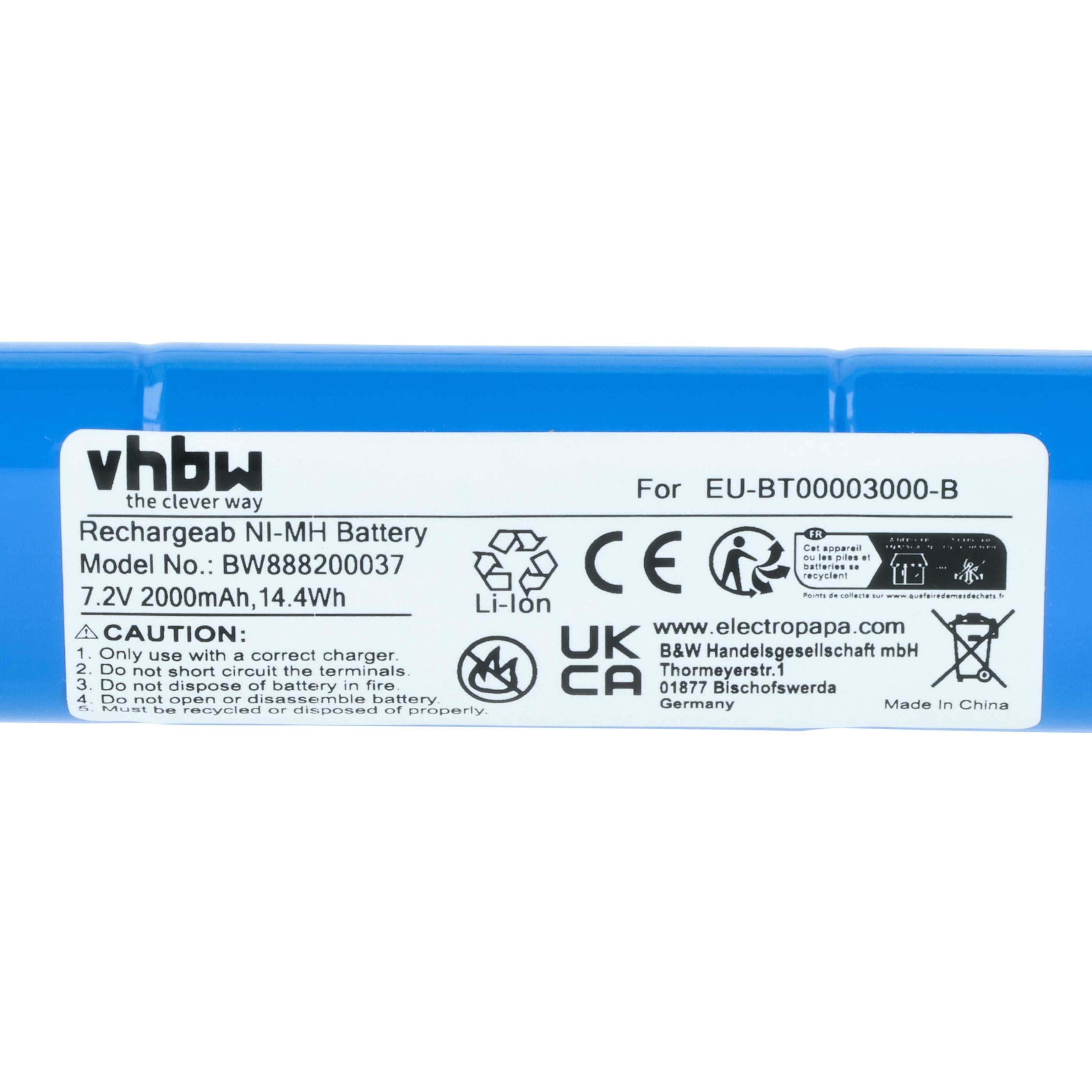 Blauer Akku mit Aufkleber: Vhbw, 7,2V 2000mAh, Li-Ion, CE, Made in China.