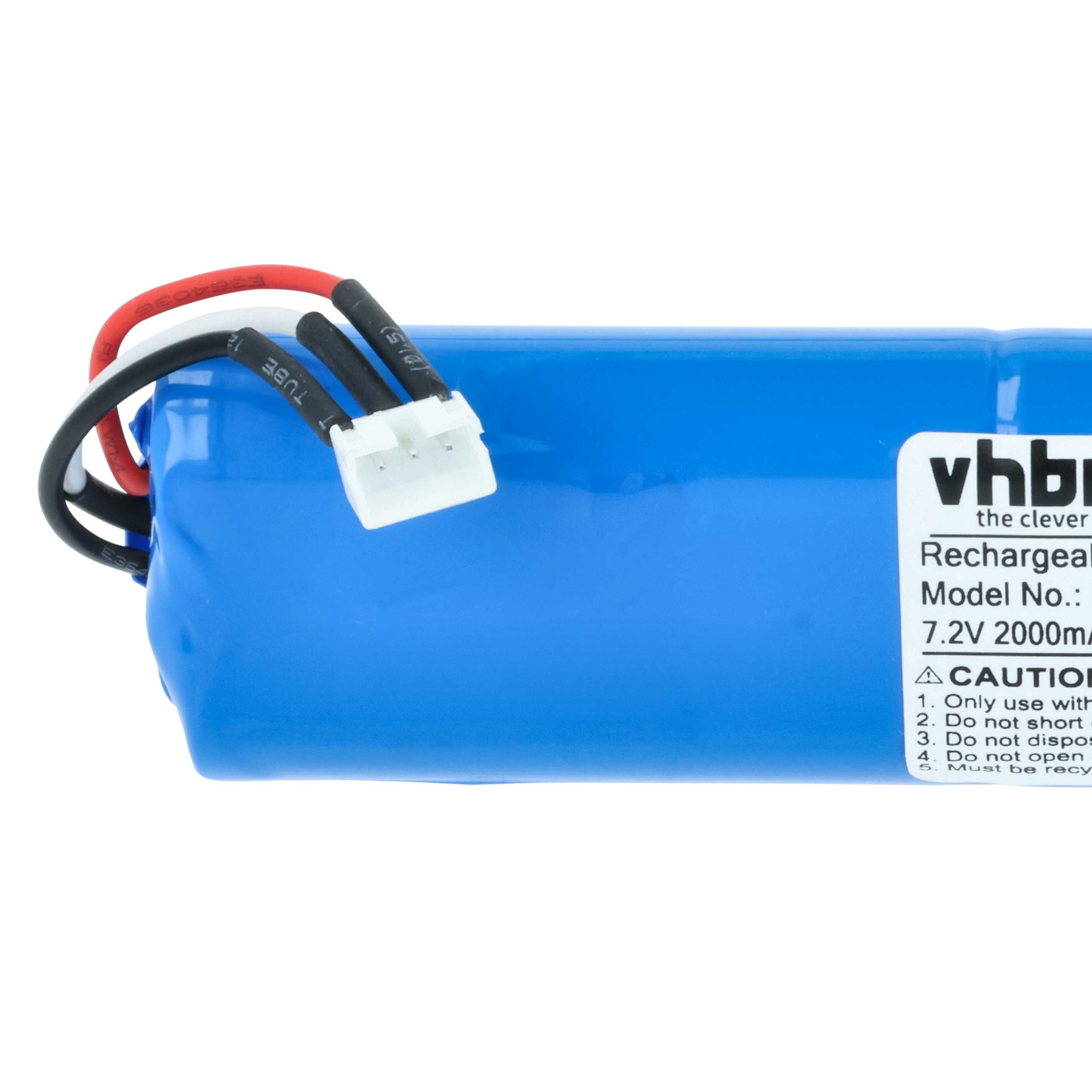 Ein blaues Akkupack mit roten, schwarzen und weißen Kabeln und einem weißen Stecker.