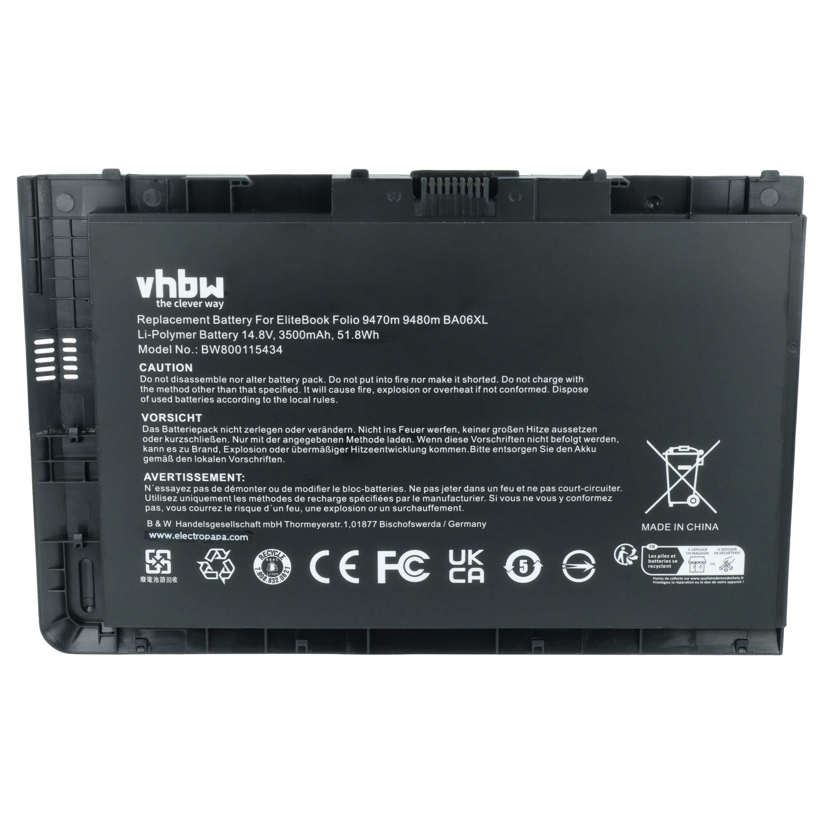 Schwarzer Laptop-Akku mit Modell- und Warnhinweisen. Made in China.