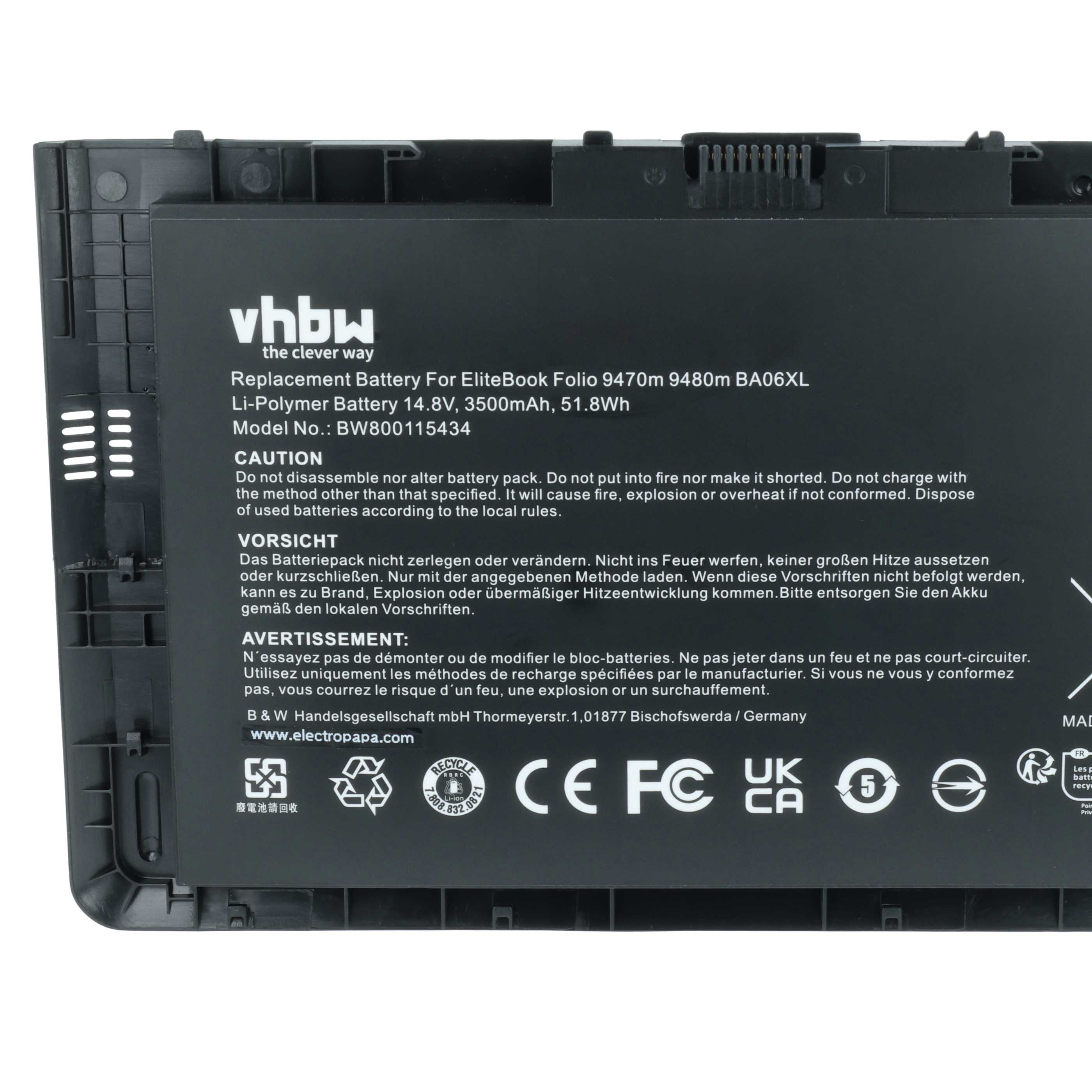 Schwarzer Laptop-Akku mit Aufschriften von vhbw, Modell BA06XL, 14.8V.