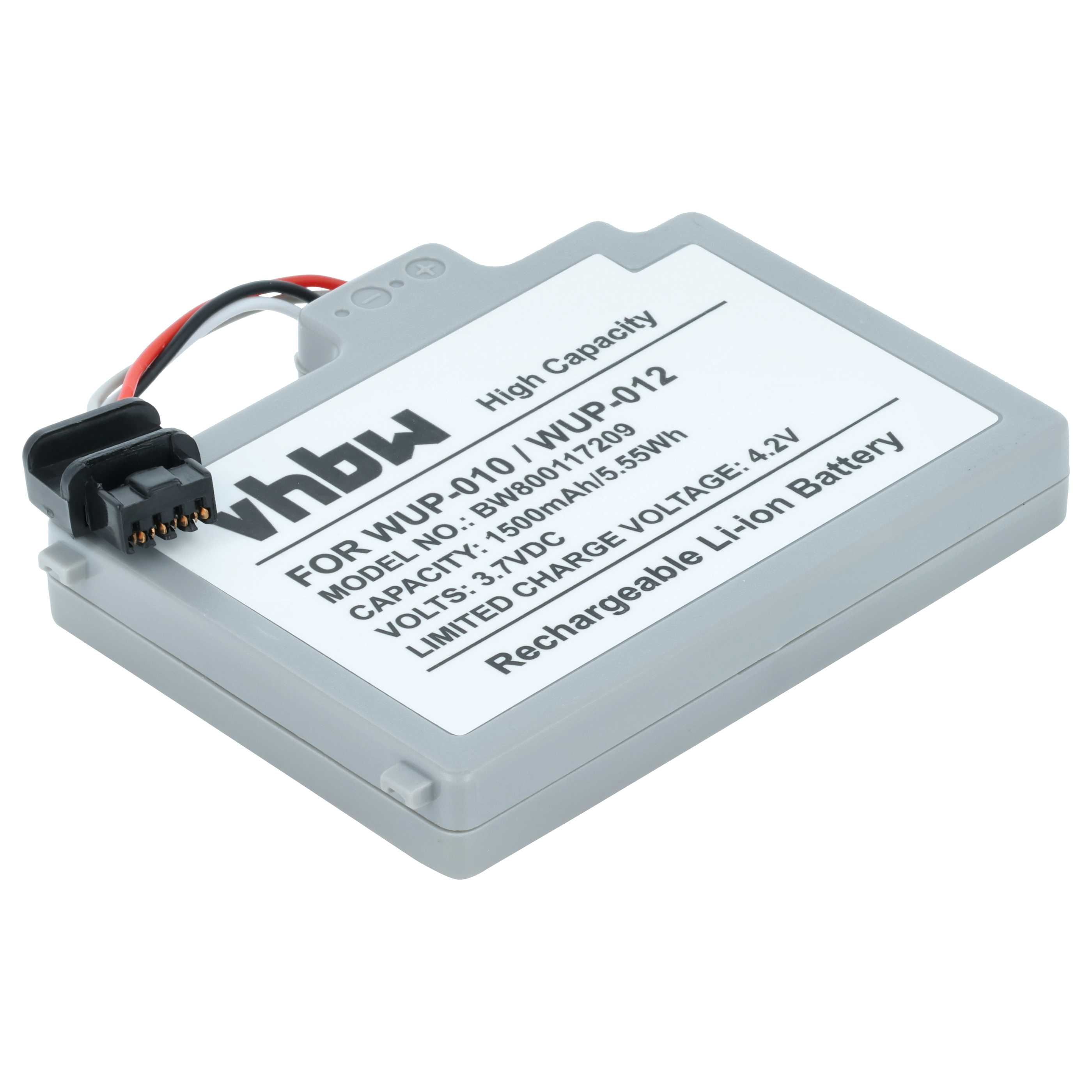 Grauer Akku mit Kabel und Stecker. Beschriftung: Vhbw, High Capacity, 1500mAh.