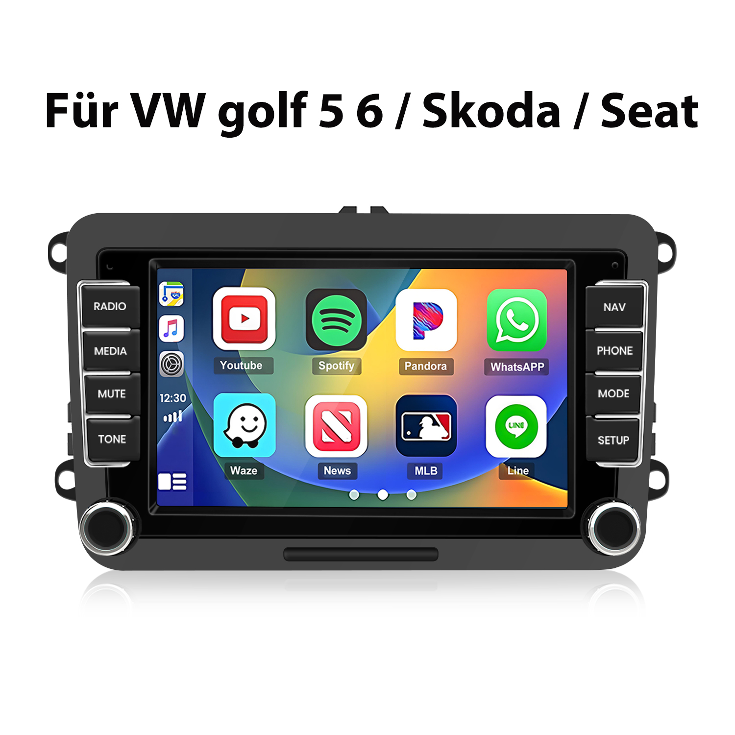 Ein Autoradio-Touchscreen mit App-Symbolen wie YouTube, Spotify und WhatsApp.
