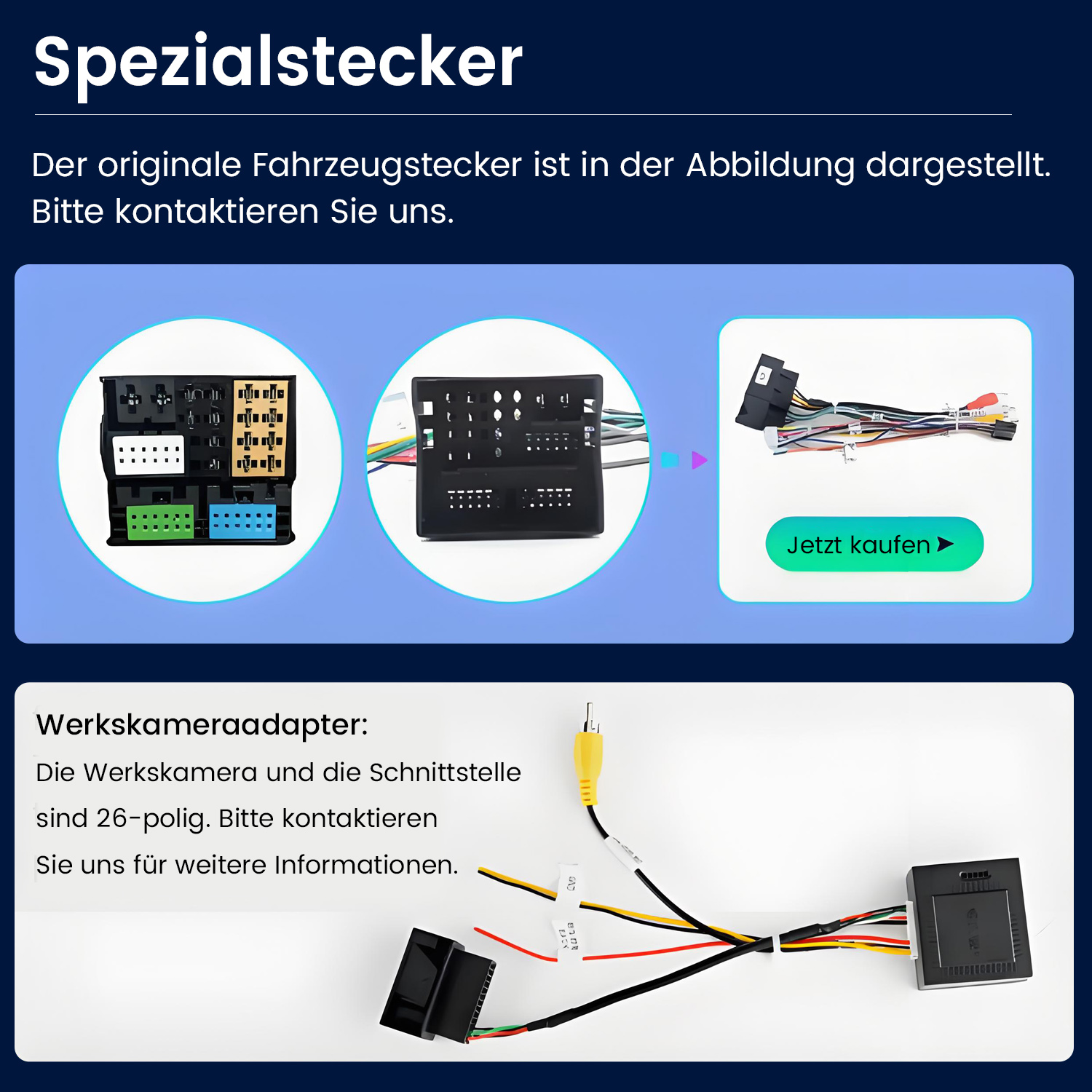 Drei Adaptertypen: farbige Stecker, schwarze Stecker und Kabelbaum mit Kauf-Button.