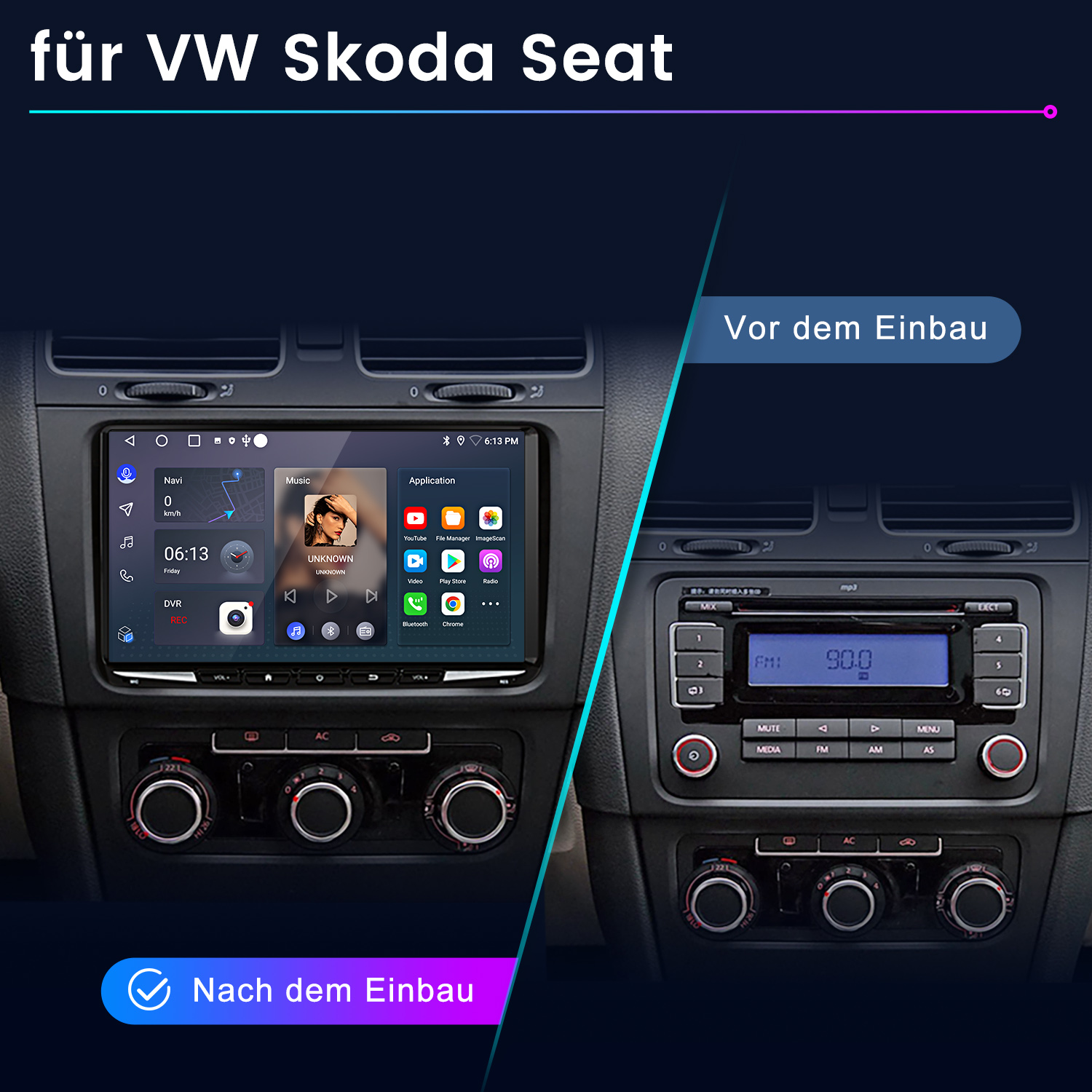 Vergleich eines Autoradios vor und nach dem Einbau in einem VW Skoda Seat.