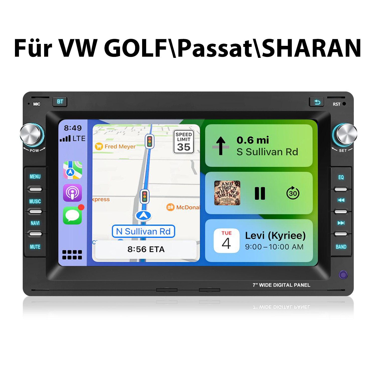 Ein Autoradio-Display mit Navigation, Musik und Kalenderanzeige.