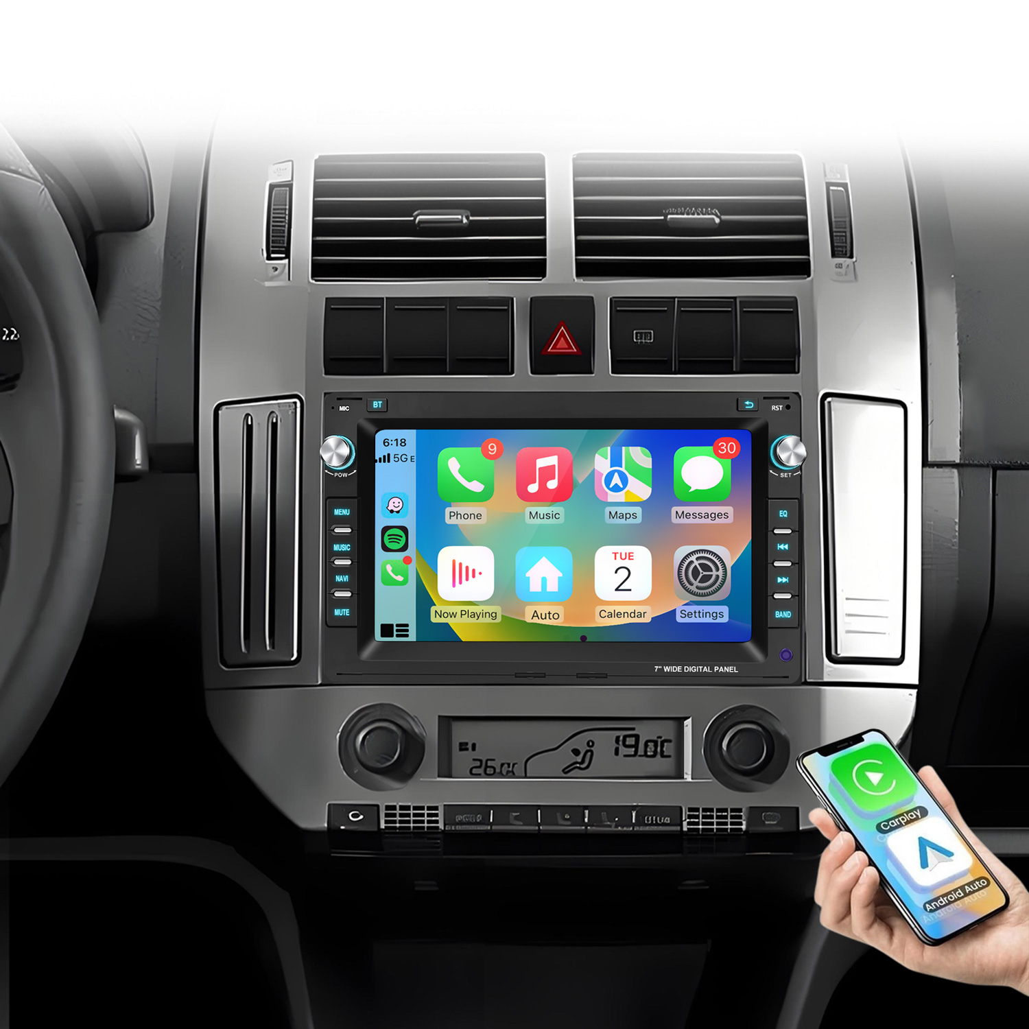 Auto-Infotainmentsystem mit CarPlay/Android Auto und Smartphone.
