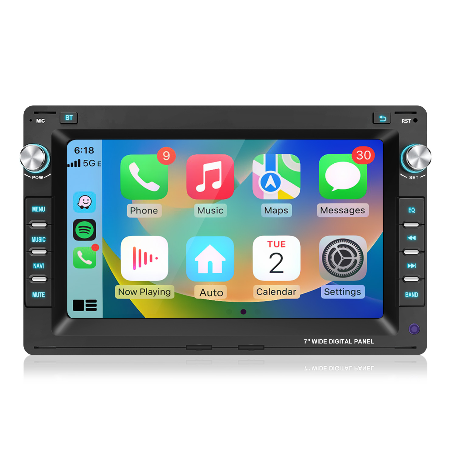 Ein 7-Zoll-Infotainment-System mit App-Symbolen: Telefon, Musik, Karten, Nachrichten.