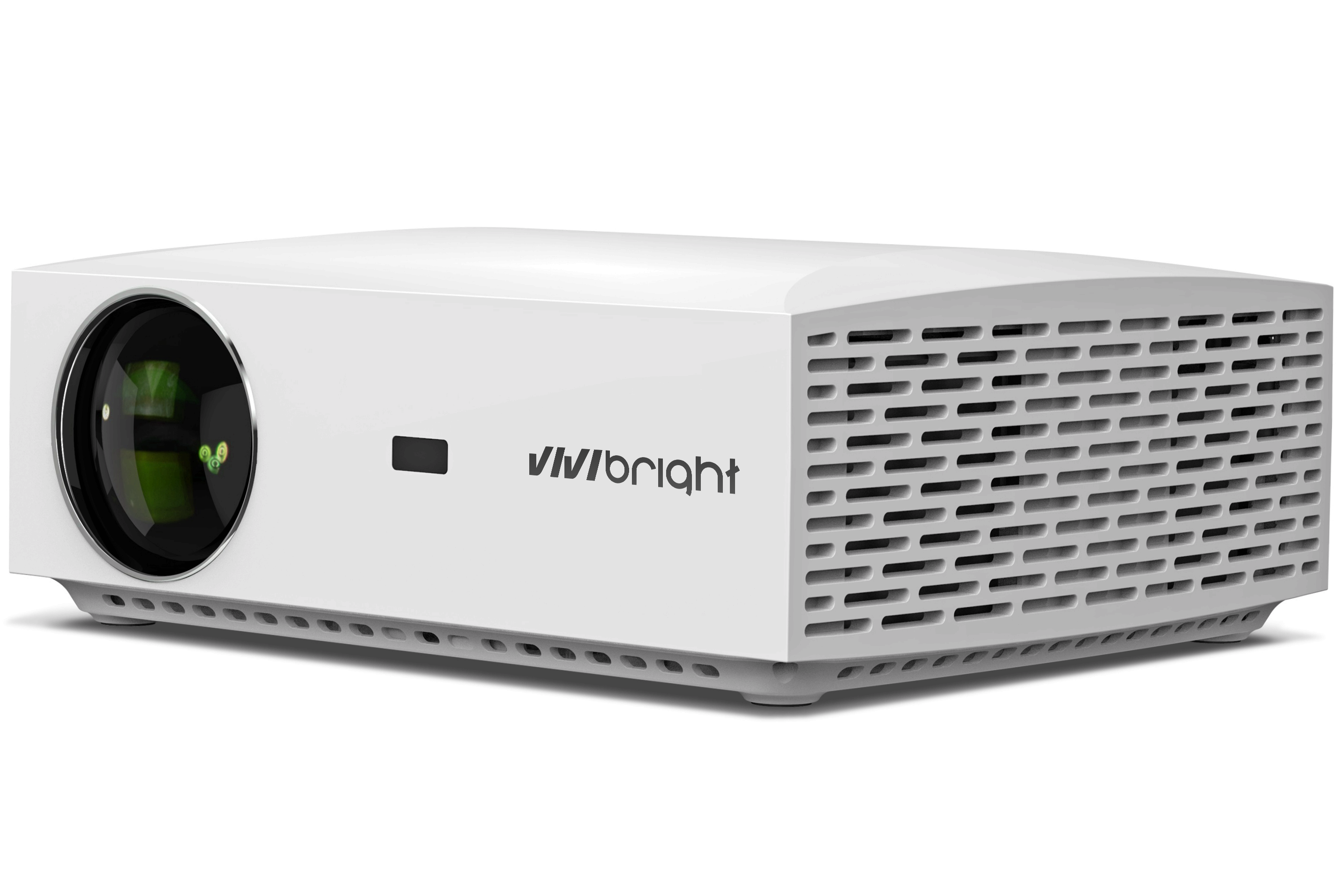 Ein weißer Vivibright Projektor mit Lüftungsschlitzen und Linse.