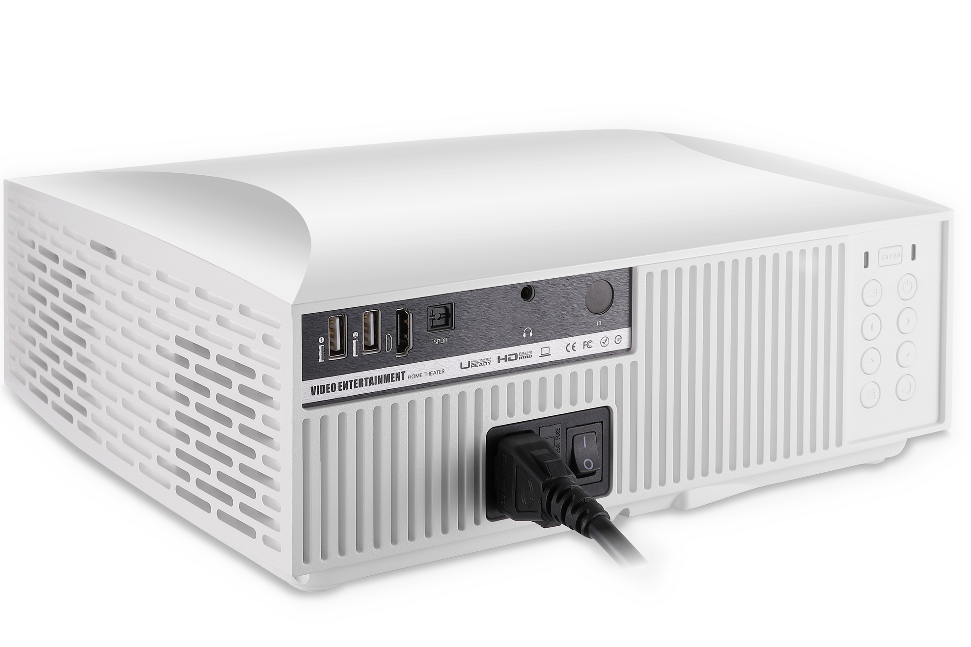 Weier Projektor mit Anschlssen wie USB, HDMI, SPDIF und Bedientasten.