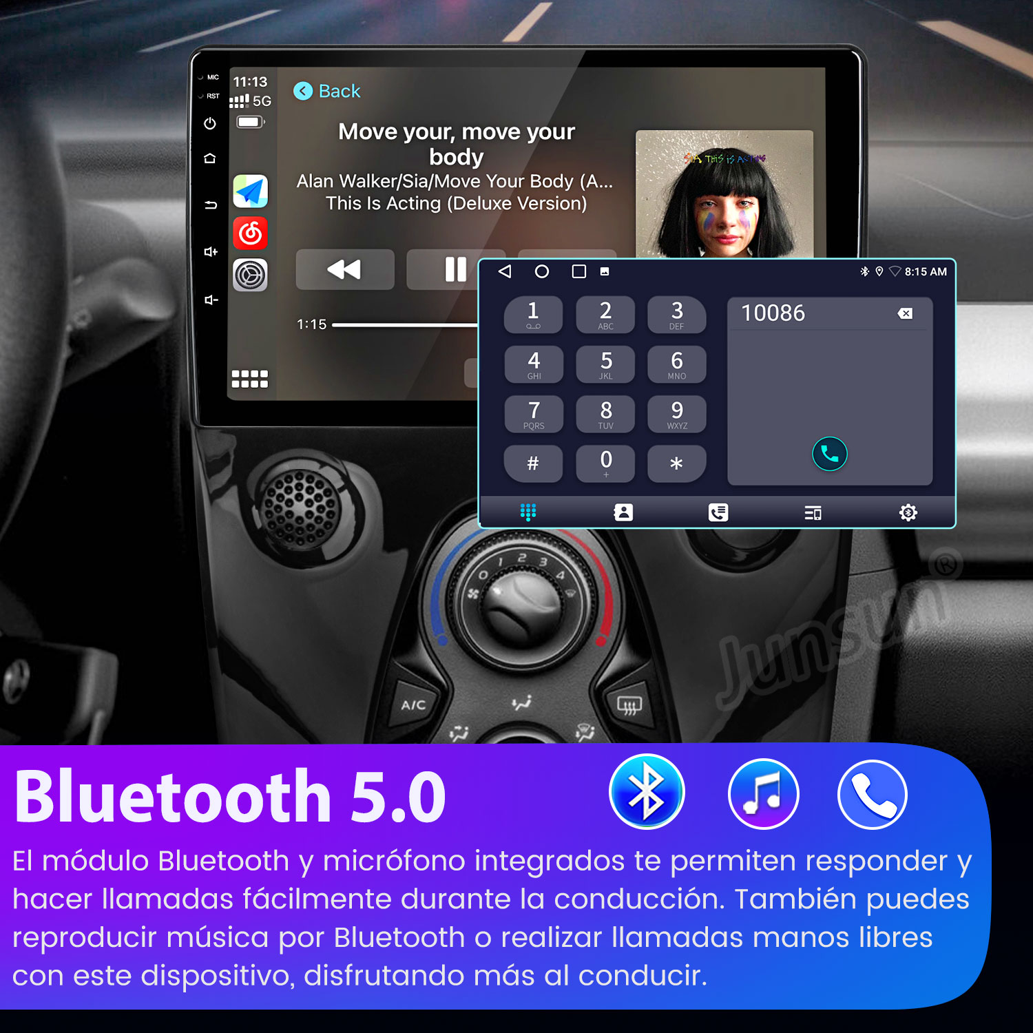 Un estéreo de coche muestra reproducción de música y un teclado numérico.