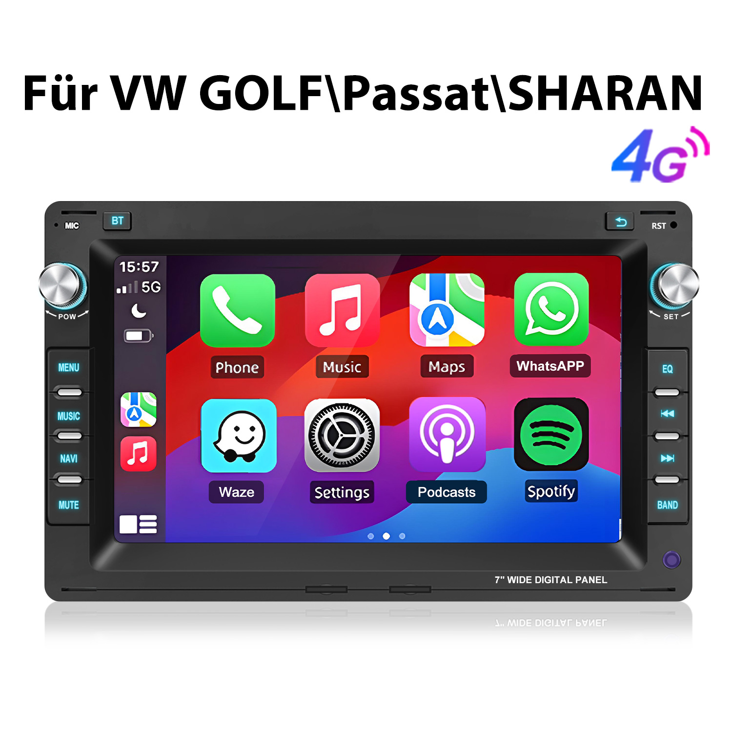 Ein 7-Zoll-Digitalradio mit Touchscreen, das Apps wie Telefon, Musik, Karten anzeigt.