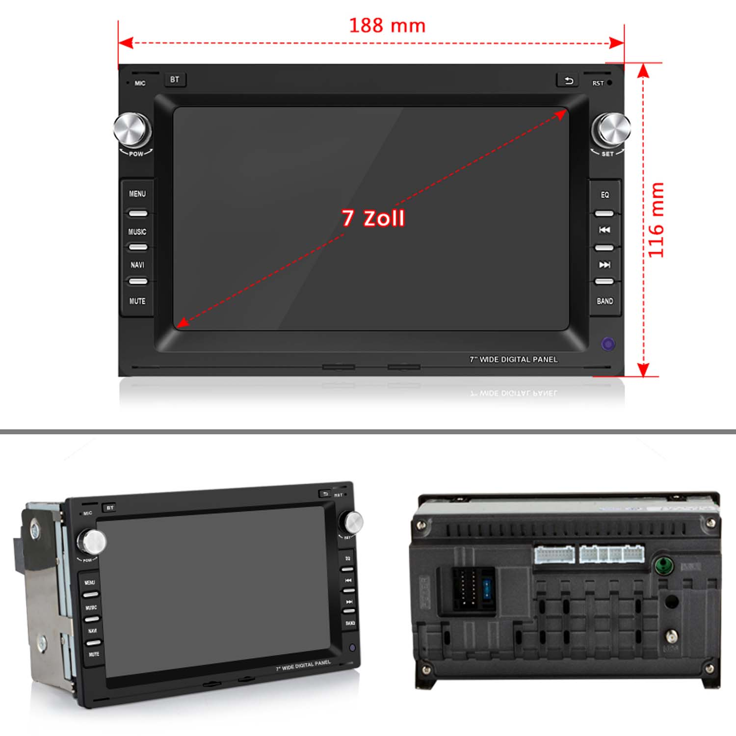 7-Zoll-Digital-Autoradio mit Bedienelementen und Anschlüssen.