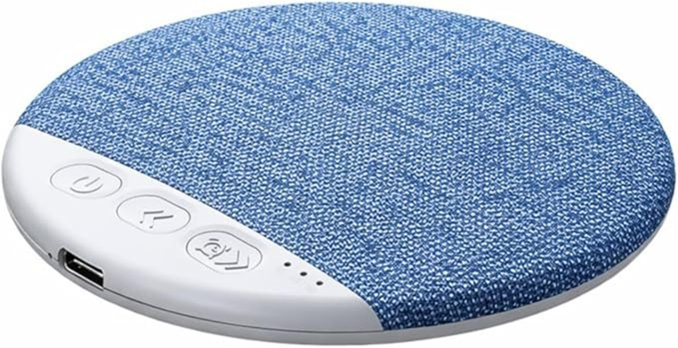 Altavoz de tela azul con botones blancos y puerto USB.