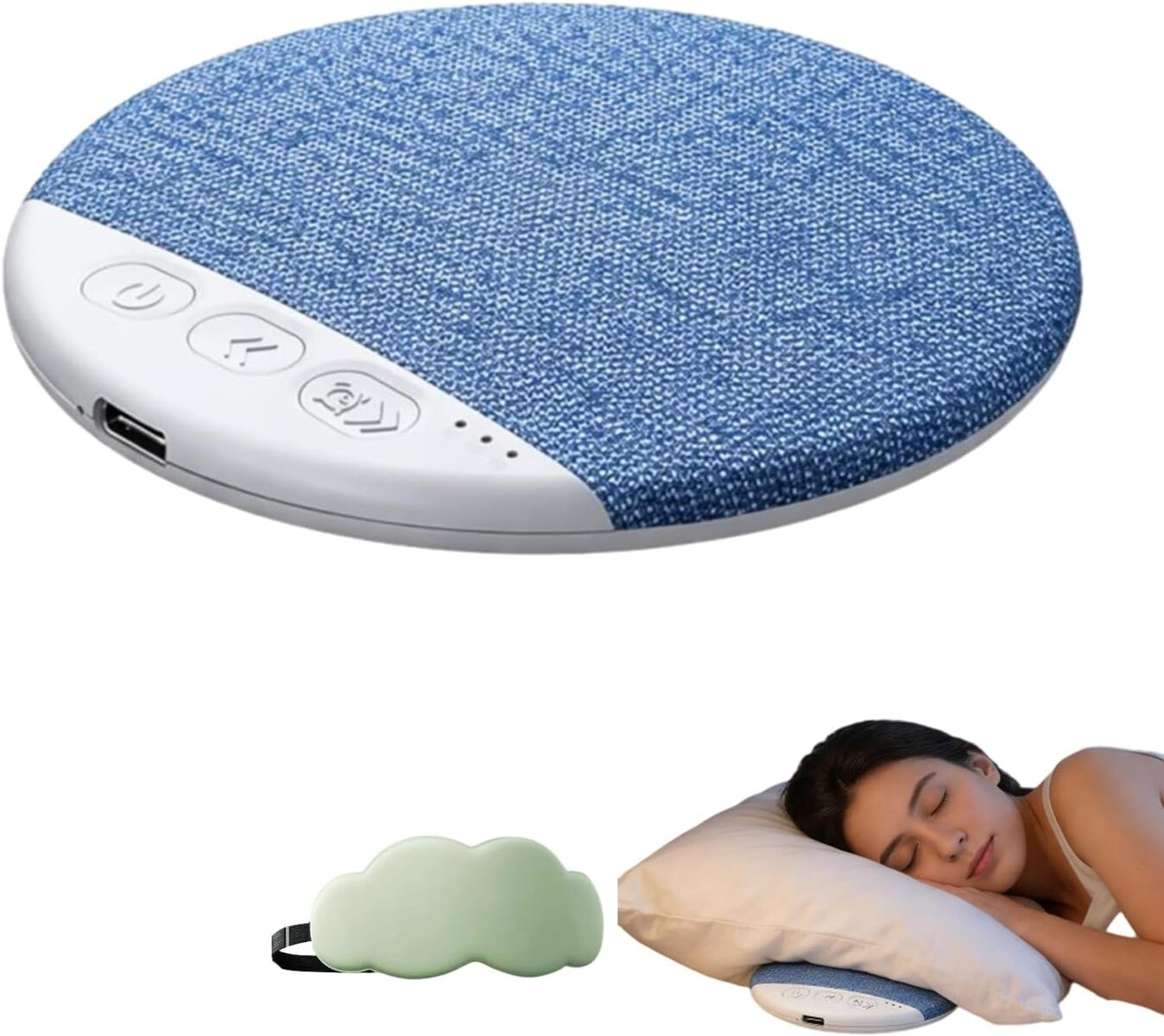 Altavoz de tela azul con controles blancos y puerto USB. Almohada y antifaz.
