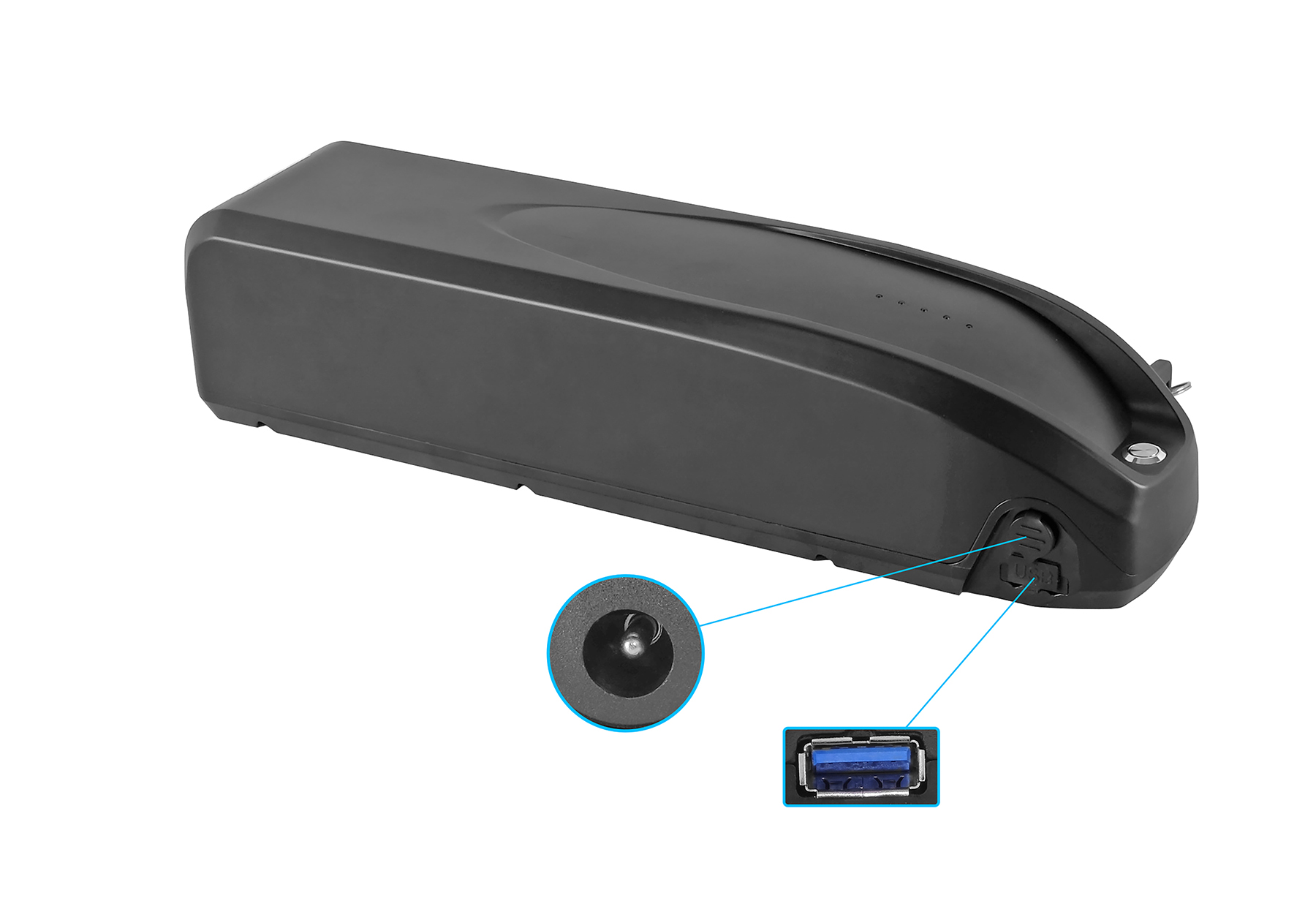 Schwarzer E-Bike-Akku mit Ladeanschluss und USB-Anschluss.