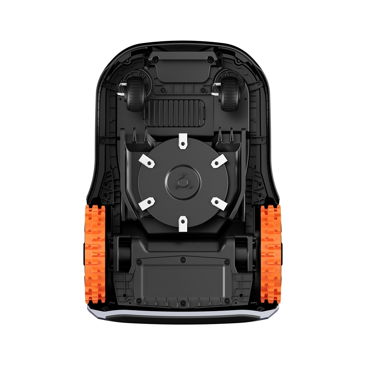 Spód robota koszącego z czarnymi kołami, pomarańczowymi gąsienicami i mechanizmem tnącym.