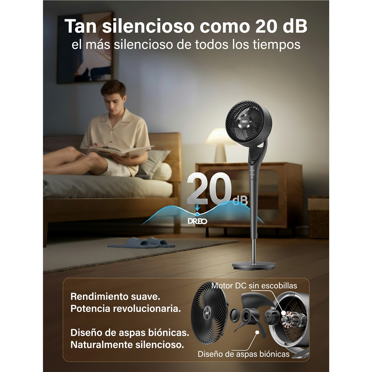 Un hombre lee en una cama, un ventilador cerca marca 20 dB.