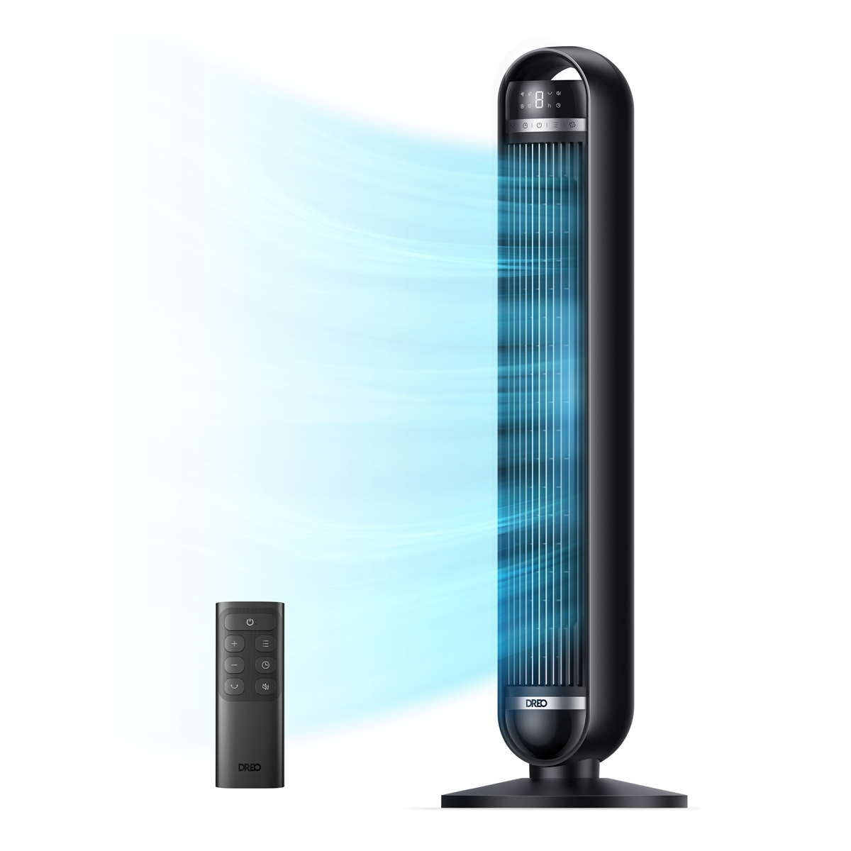 Un ventilador de torre negro con mando a distancia, emitiendo aire.