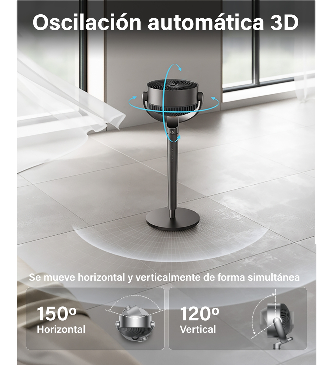 Un ventilador de pie oscuro con oscilación 3D sobre suelo de baldosas.