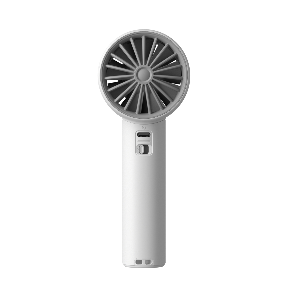 Un ventilador blanco de mano con rejilla gris y controles.