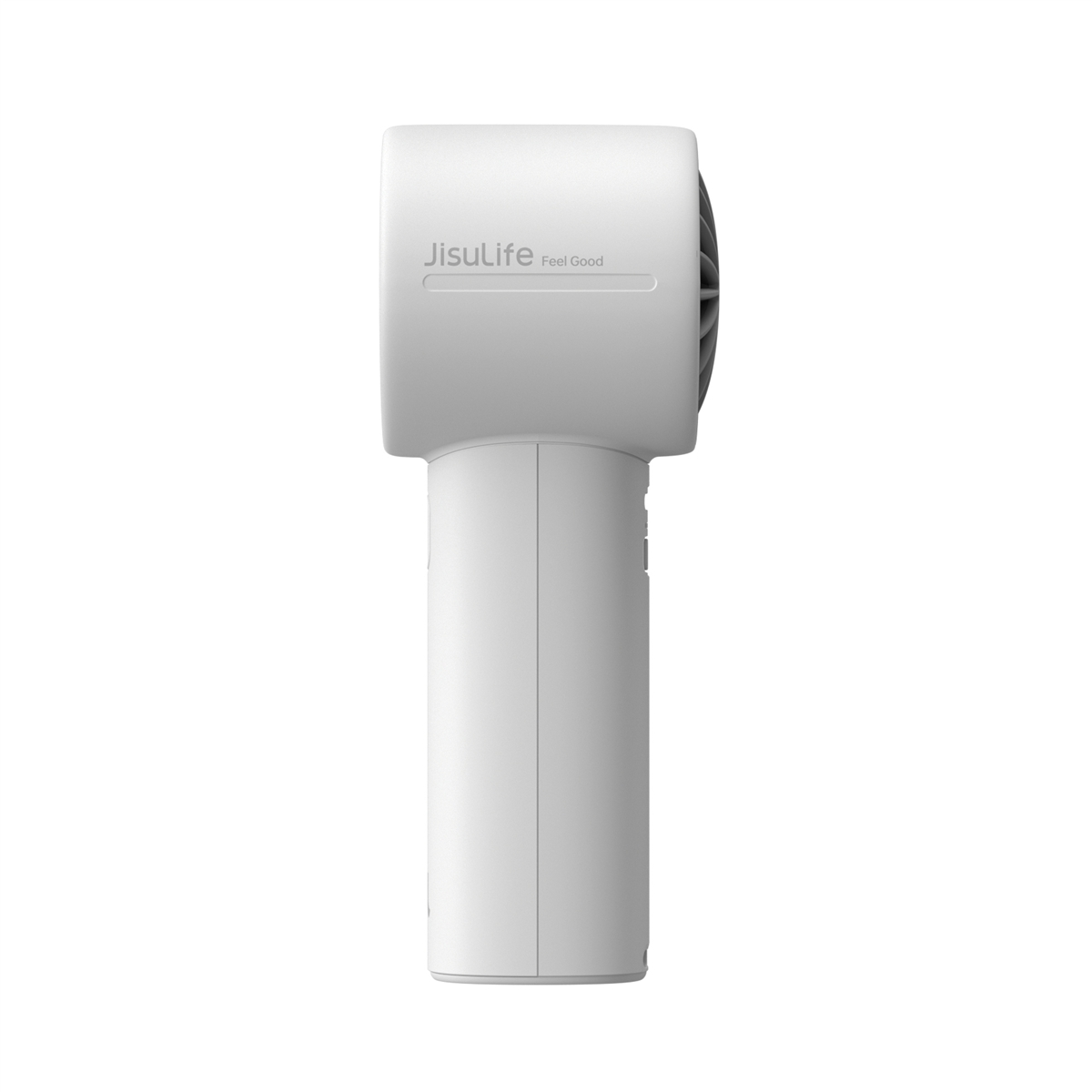 Un ventilador blanco de mano con logo JisuLife y rejilla.
