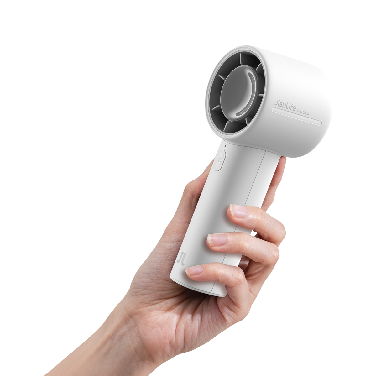Una mano sostiene un ventilador portátil blanco con logo JisuLife.