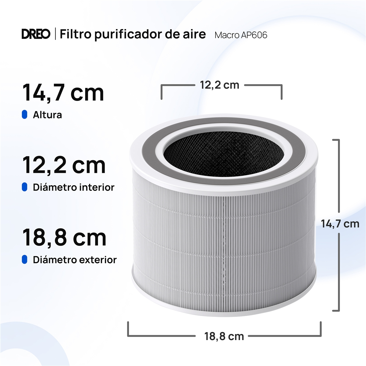 Filtro de aire cilíndrico: altura 14,7 cm, diámetro interior 12,2 cm.