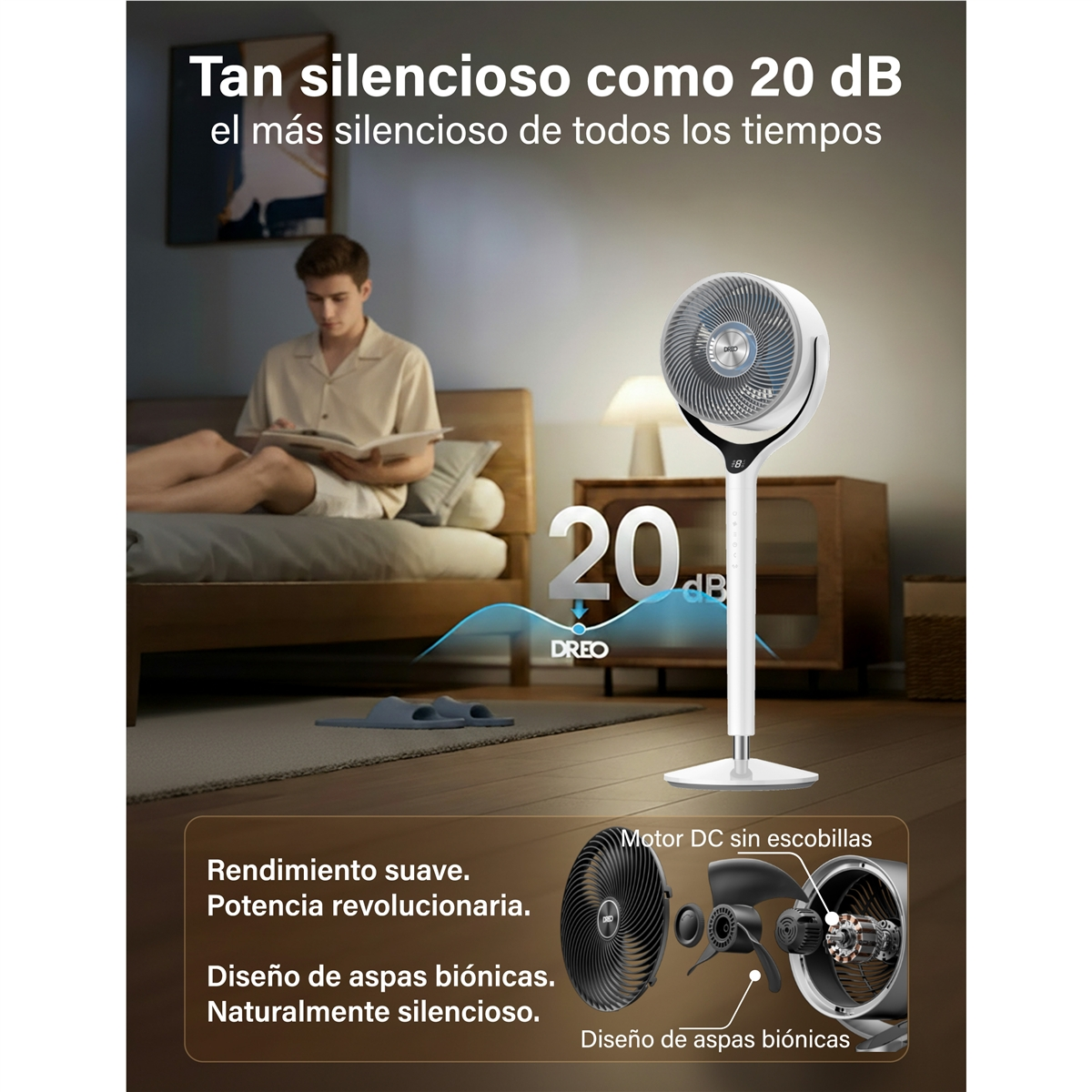 Un hombre lee en una cama mientras un ventilador silencioso está en la habitación.