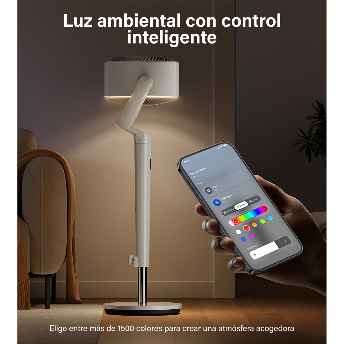 Un smartphone controla una lámpara de pie blanca con luz de color y ventilador.