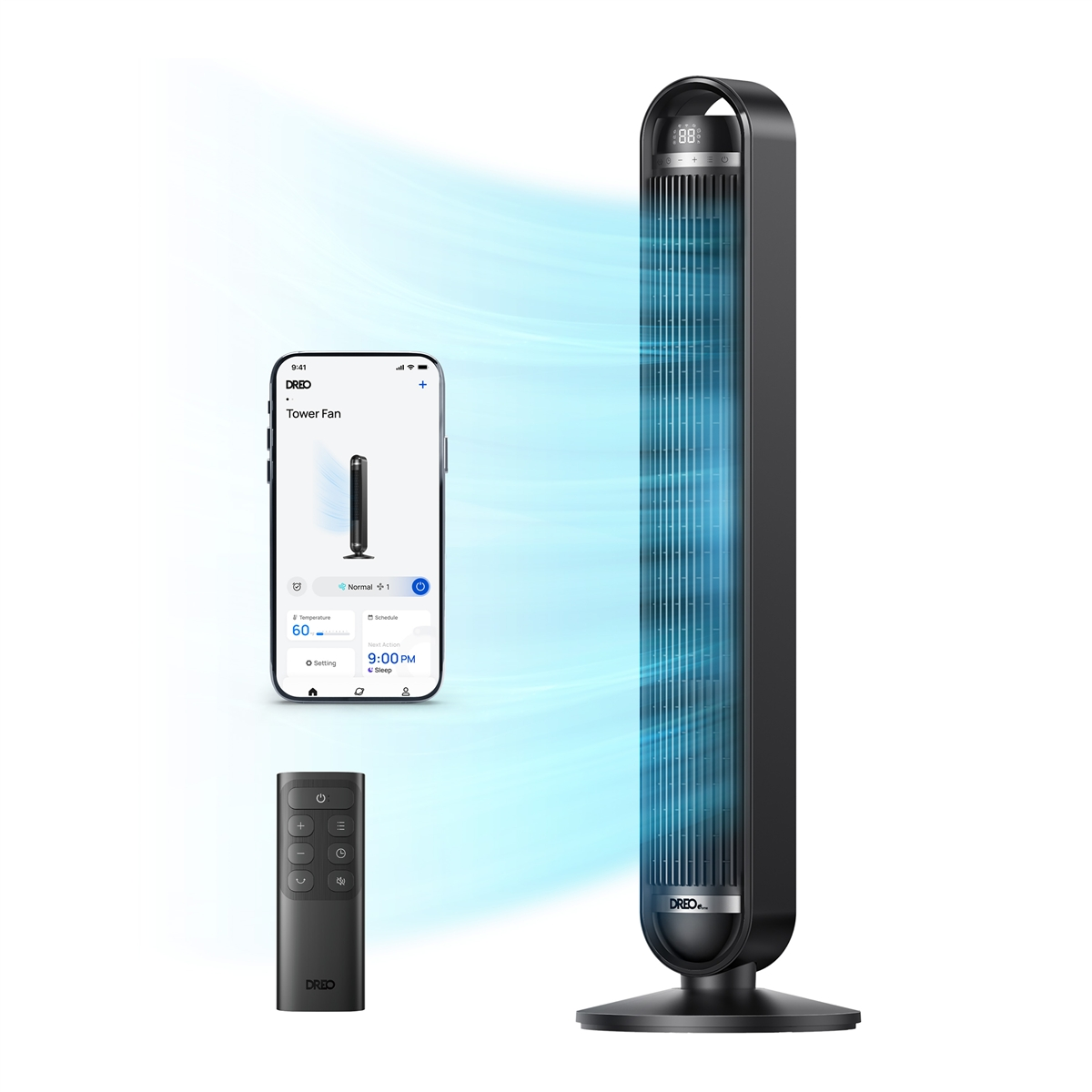 Un ventilador de torre negro con un control remoto y una app.