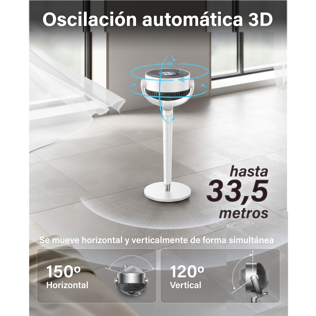 Un ventilador de pedestal blanco con oscilación 3D sobre suelo de baldosas.