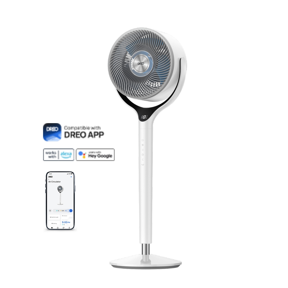 Un ventilador blanco DREO con app y control por voz.