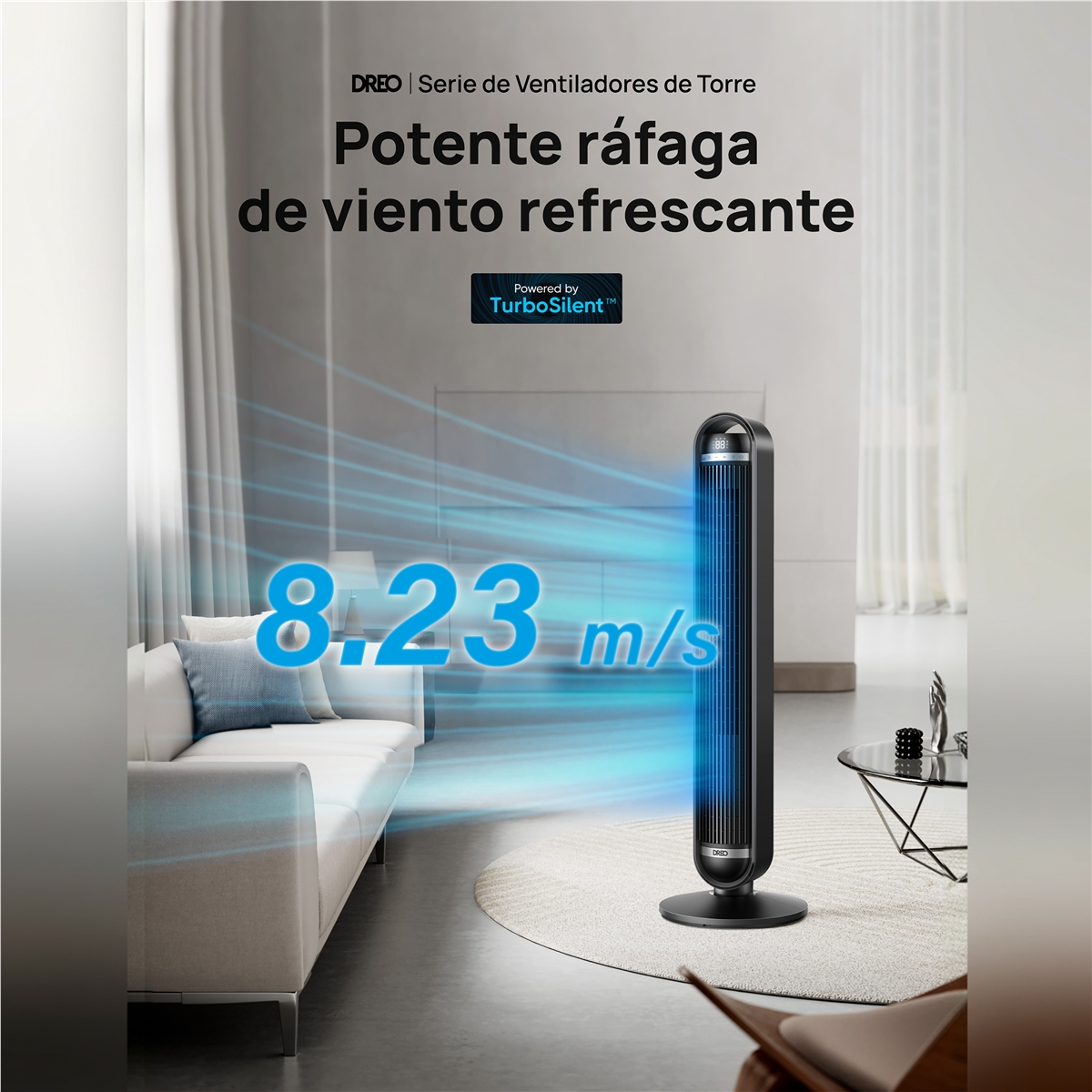 Ventilador de torre negro con líneas de flujo de aire azul que muestran 8,23 m/s.