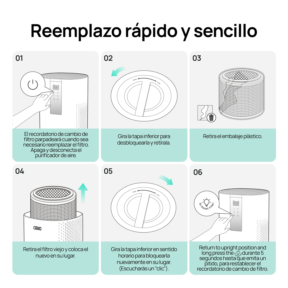 Guía paso a paso para reemplazar el filtro de aire de un aparato.