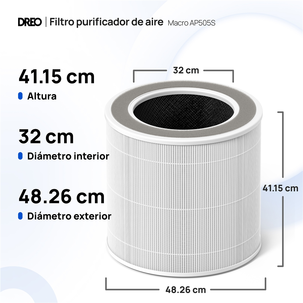 Un filtro de aire blanco con dimensiones: altura 41.15 cm, diámetro interior 32 cm, diámetro exterior 48.26 cm.