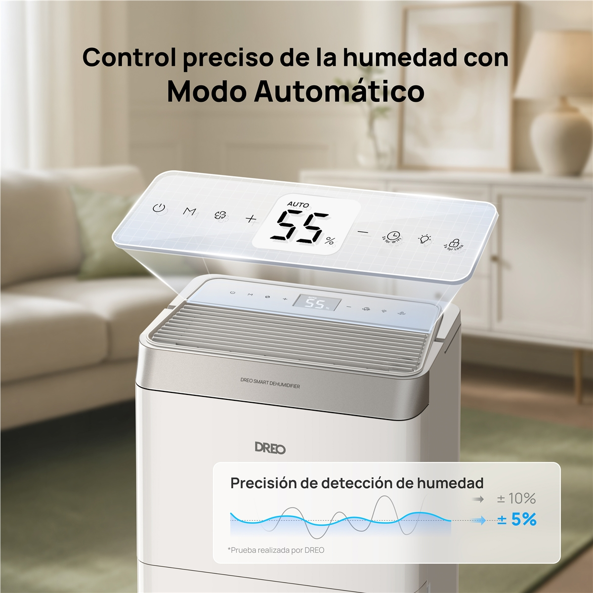 Un deshumidificador blanco que muestra 55 % de humedad en su pantalla digital.