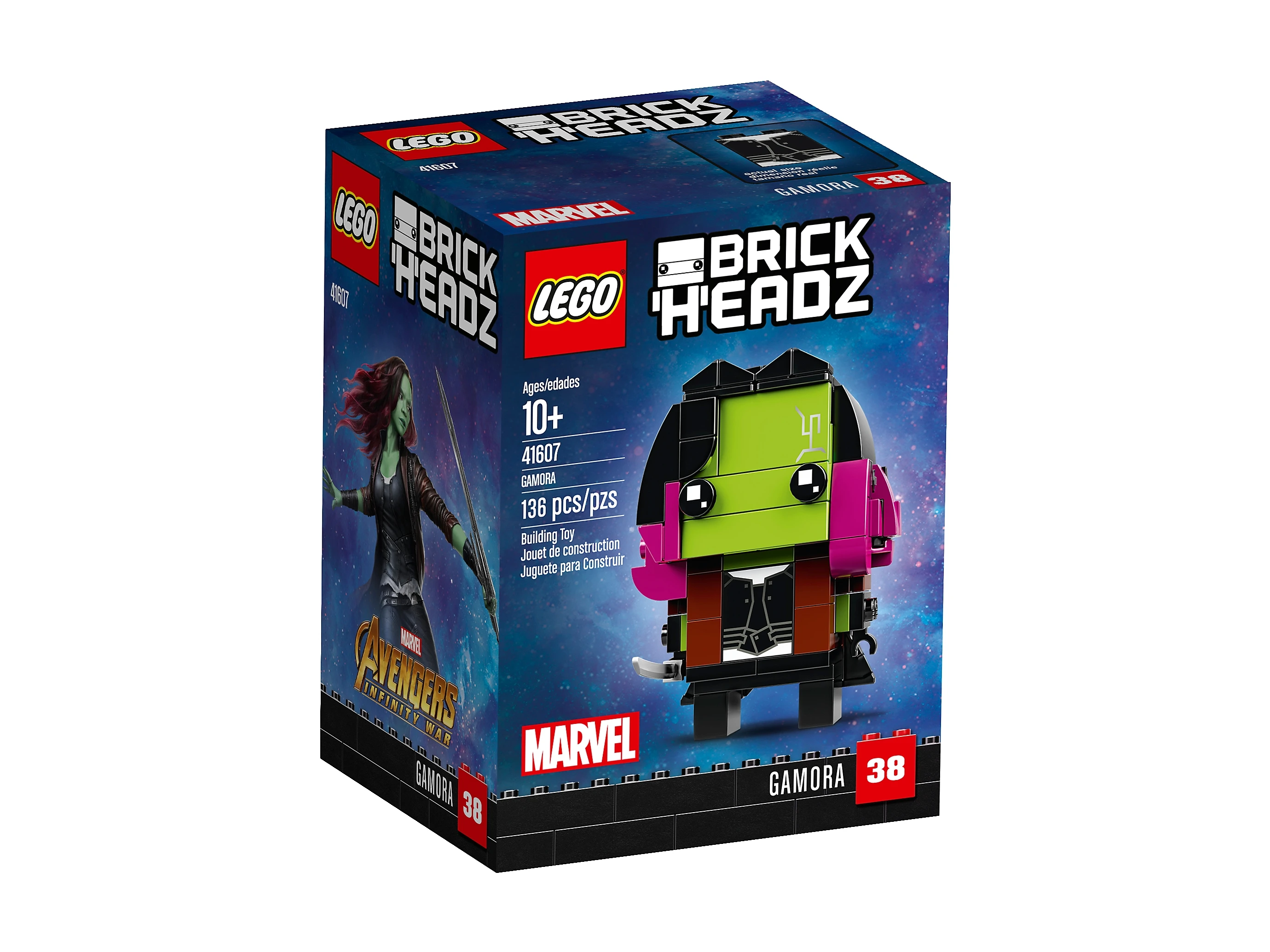 Pudełko LEGO BrickHeadz Gamora z logo Marvel i wiekiem 10+.