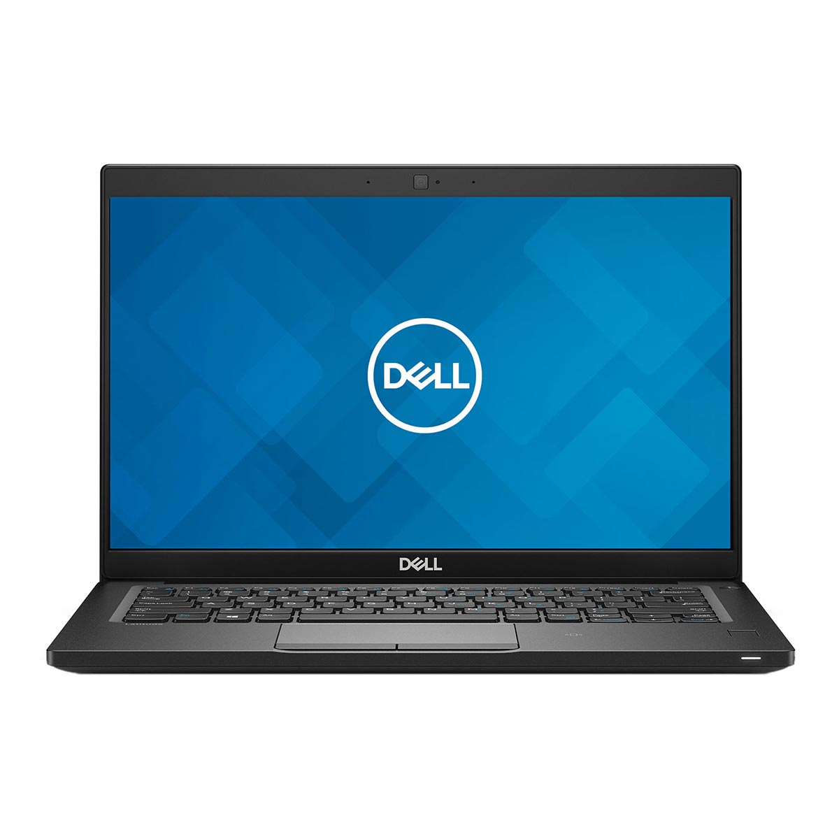 Czarny laptop Dell z niebieskim ekranem wyświetlającym logo Dell.