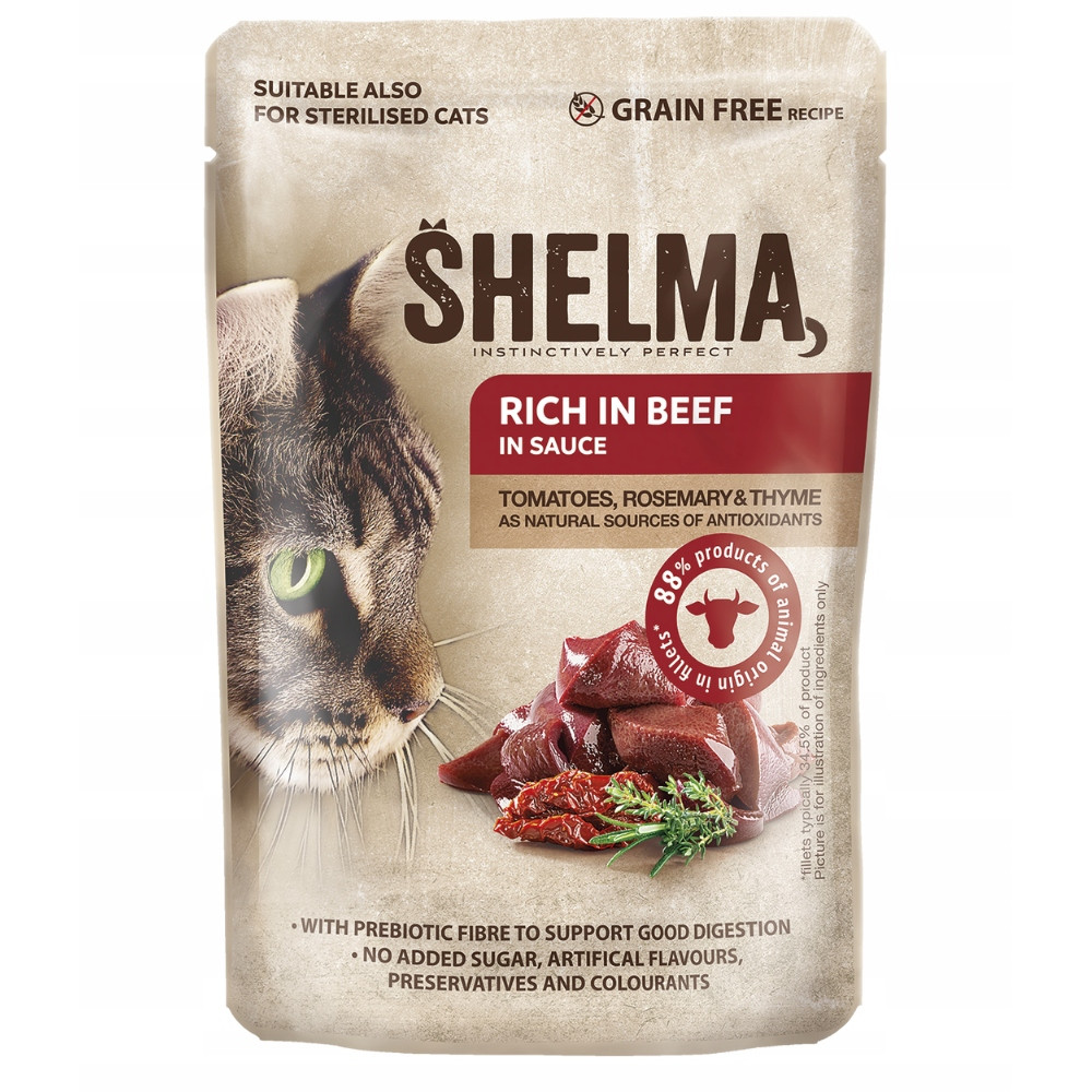 Saszetka karmy dla kota: Wołowina w sosie z pomidorami, rozmarynem, tymiankiem i głową kota.