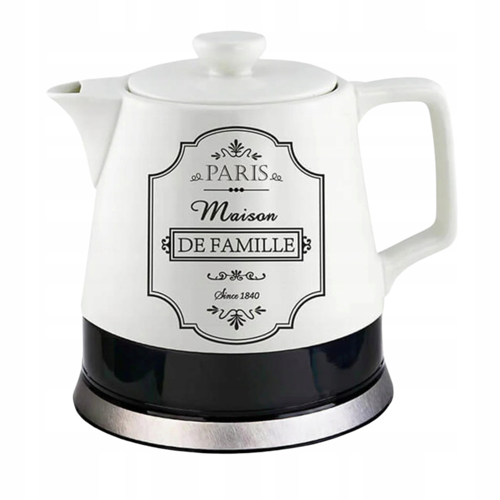 Biały czajnik z czarną podstawą i nadrukiem „Paris Maison De Famille”.