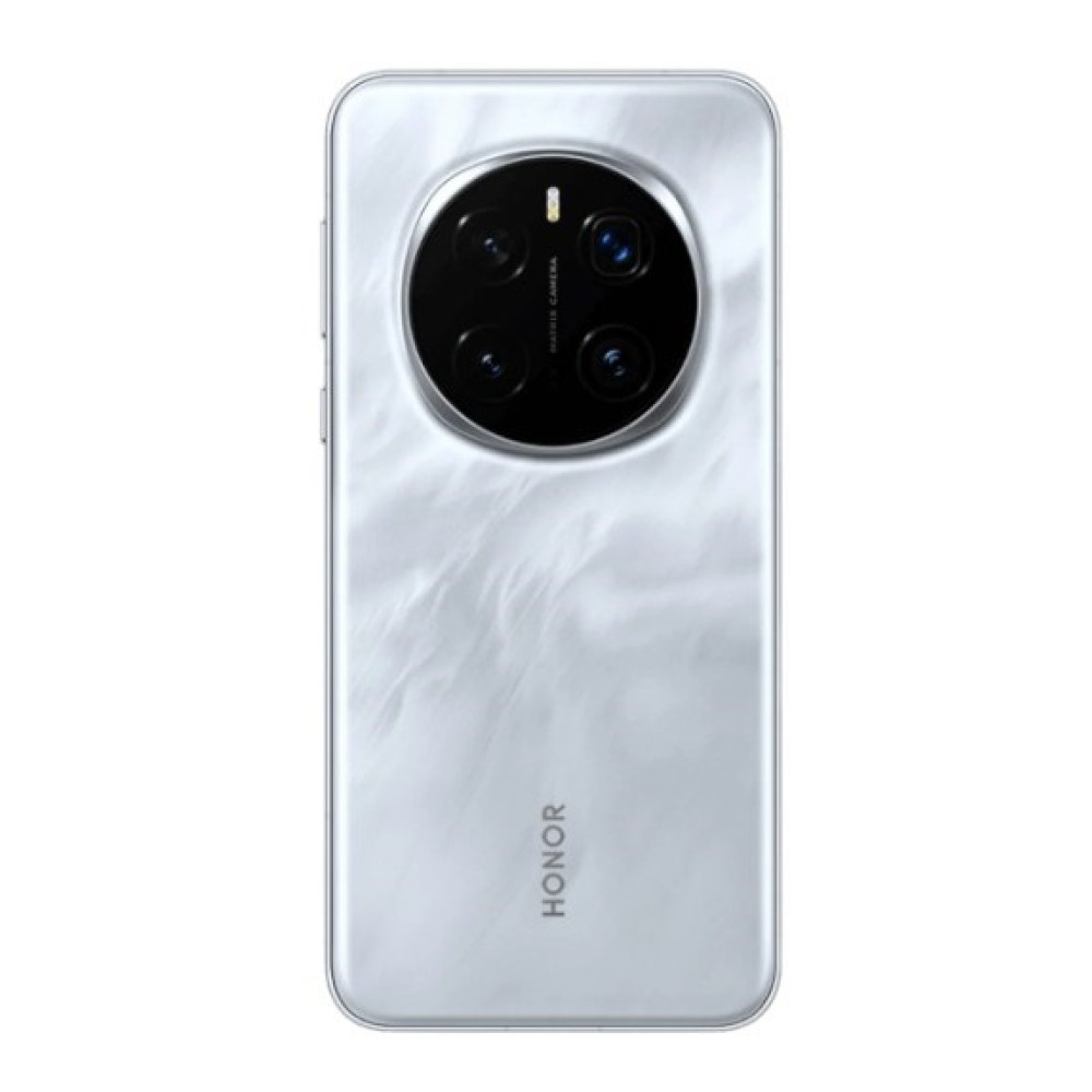 Tył białego smartfona HONOR z czterema aparatami w okrągłym module.