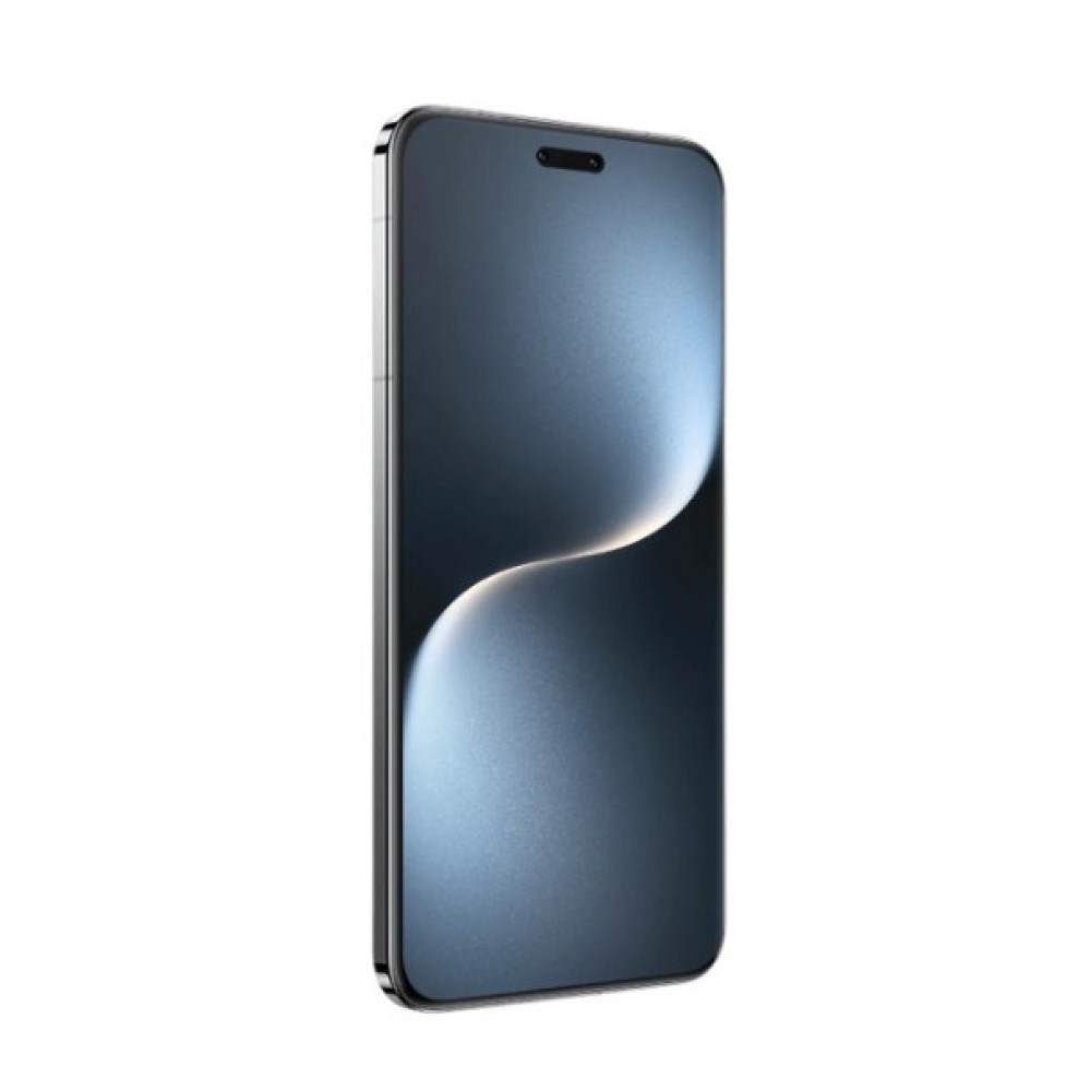 Srebrna ramka smartfona z ciemnym, płynnym wzorem na ekranie.