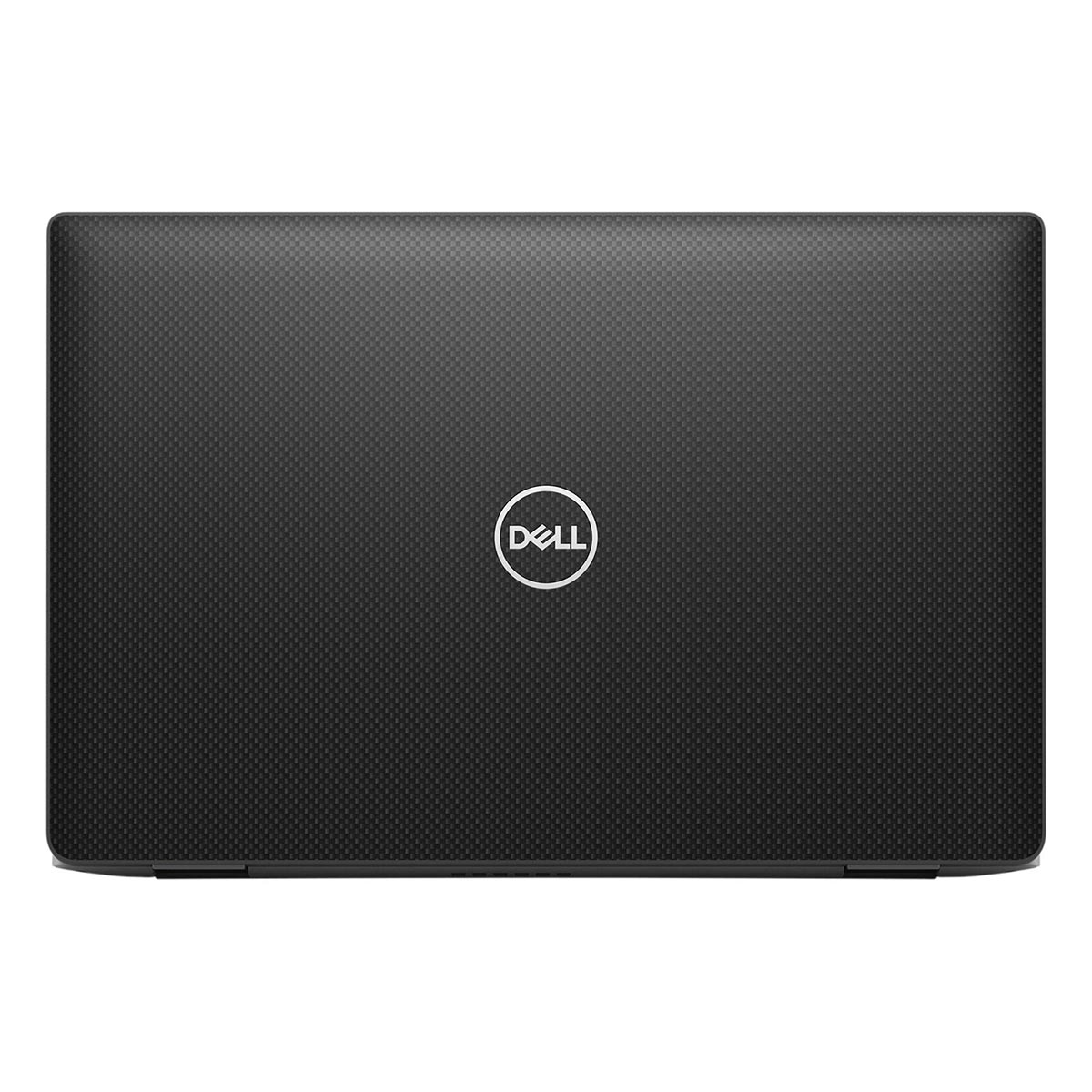 Zamknięty czarny laptop Dell z teksturowaną pokrywą i srebrnym logo.