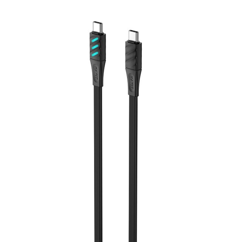Dwa czarne kable USB-C z niebieskimi światłami, na białym tle.