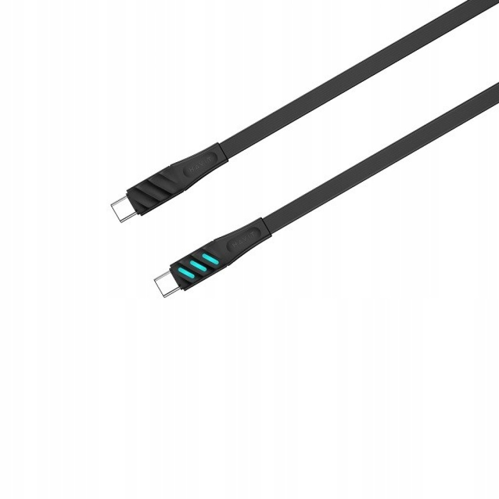Dwa czarne kable USB-C z niebieskimi podświetlanymi wskaźnikami.