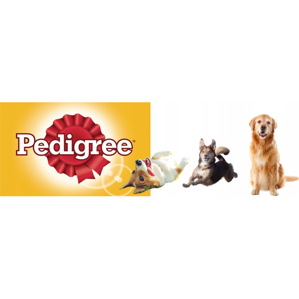 Logo Pedigree z trzema psami: jeden się tarza, jeden skacze, jeden siedzi.