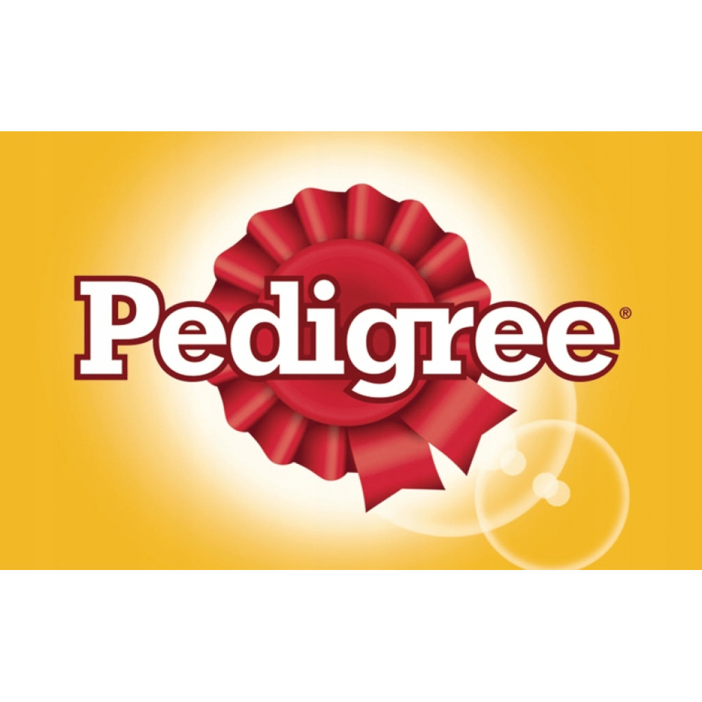 Logo Pedigree: Biały napis na czerwonej wstędze na żółtym tle.