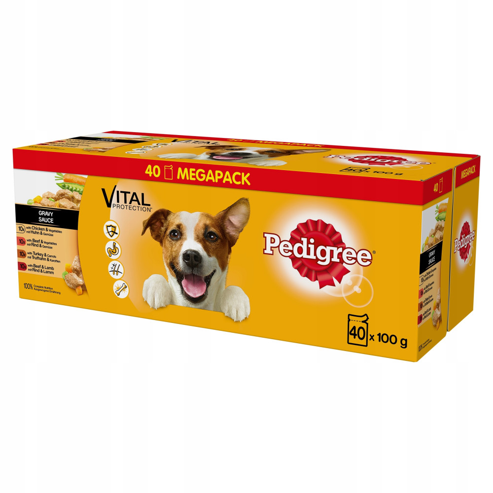 Żółty megapack karmy dla psów Pedigree z terierem Jack Russell.